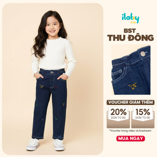  Quần jean bé gái ILABY quần dáng suông cạp chun khuy cài trước thêu khủng long  3458  