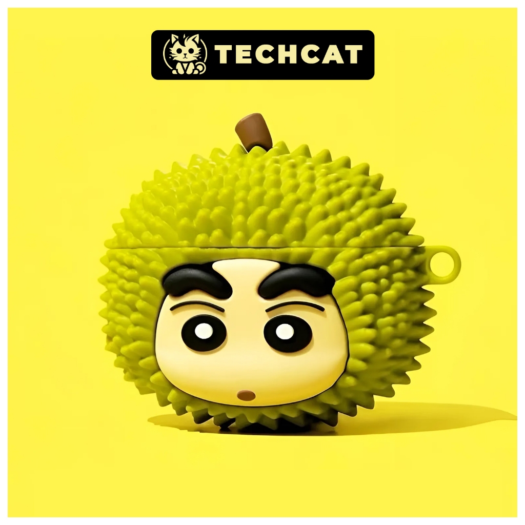 Vỏ ốp Airpod 2 3 4 Pro Shin Sầu Riêng kèm móc khóa cao cấp, Case Airpod Cu Shin - TechCat Store