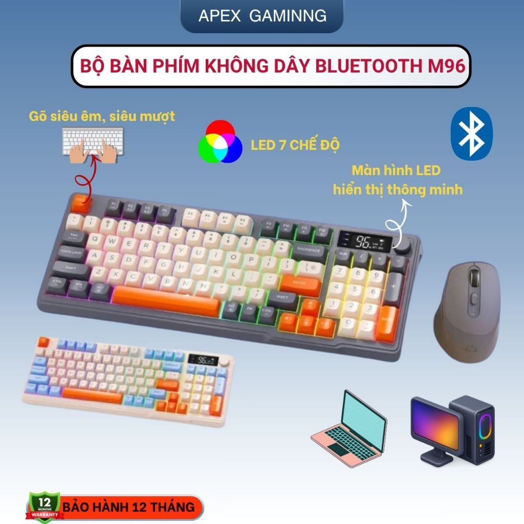 Bộ Bàn Phím Không Dây Bluetooth M96 LED 7 Màu Có Màn Hình, 2 Mode, Phím PBT Cao Cấp, Gõ Êm Chống Ồn 