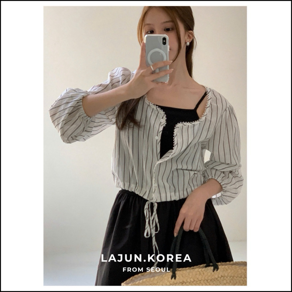 [LAJUN KOREA] Áo Blouse Rút Dây Tay Dài Cổ Tròn Vừa Là Áo Khoác Vừa Là Sơ Mi Kiểu Hàn Quốc