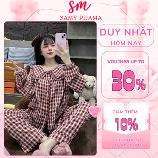  Bộ đồ ngủ Pijama SAMY đồ bộ mặc nhà dài tay thu đông kẻ caro đũi nhung ,cổ sen mặc nhà tiếu thư phối ren 40-58kg 
