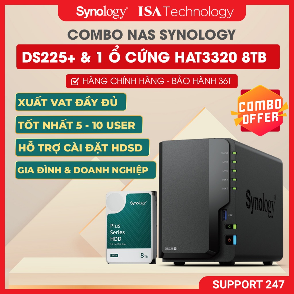 NAS Synology DS225+ thiết bị lưu trữ mạng 2 bay và ổ cứng HDD HAT3320 8TB hàng chính hãng 2025
