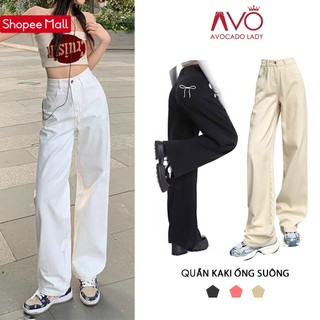  Quần Kaki Nữ trơn Cạp Cao Jean Trắng ống rộng dáng suông đứng Avo Avocado chất Kaki Bò Dáng dài Lưng Cao 
