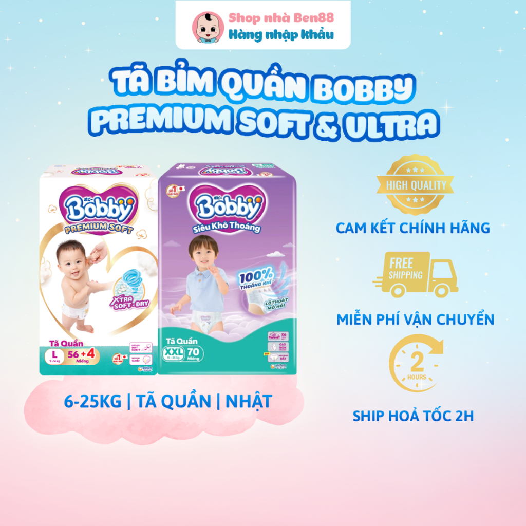 [MUA LÀ CÓ QUÀ] Tã Bỉm Quần Bobby Soft Premium Mẫu Mới, Êm Mềm (M60+4/ L56+4/ XL52+4/ XXL48+4)