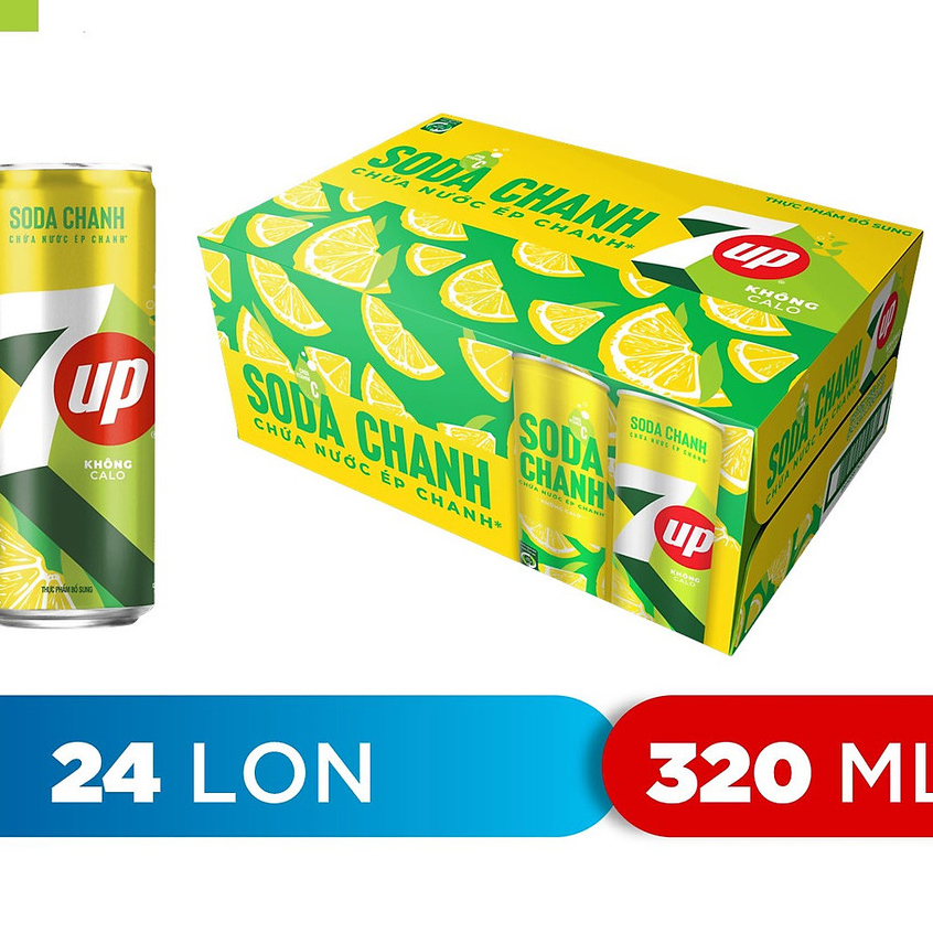 Thùng 24 Lon Nước Uống Có Gaz 7Up Soda Chanh (320ml/lon)