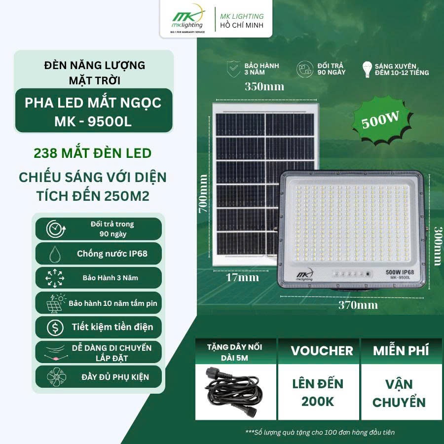 [500W] Đèn Pha Năng Lượng Mặt Trời Mắt Ngọc MK Lighting, Chống Nước IP68 - MK99500L