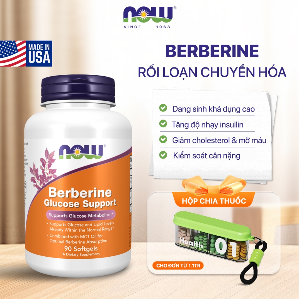 (đủ bill) Viên hỗ trợ rối loạn chuyển hóa Berberine Now (90 viên) kiểm soát đường huyết, cholesterol