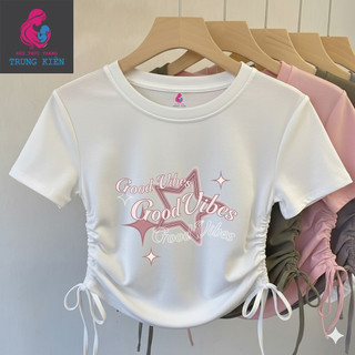 Áo Bé Gái Rút Dây Vạt Tròn Dễ Thương, Hình Ngôi Sao Good Vibes, Vải Thun Cotton Mềm Mịn (M 333)