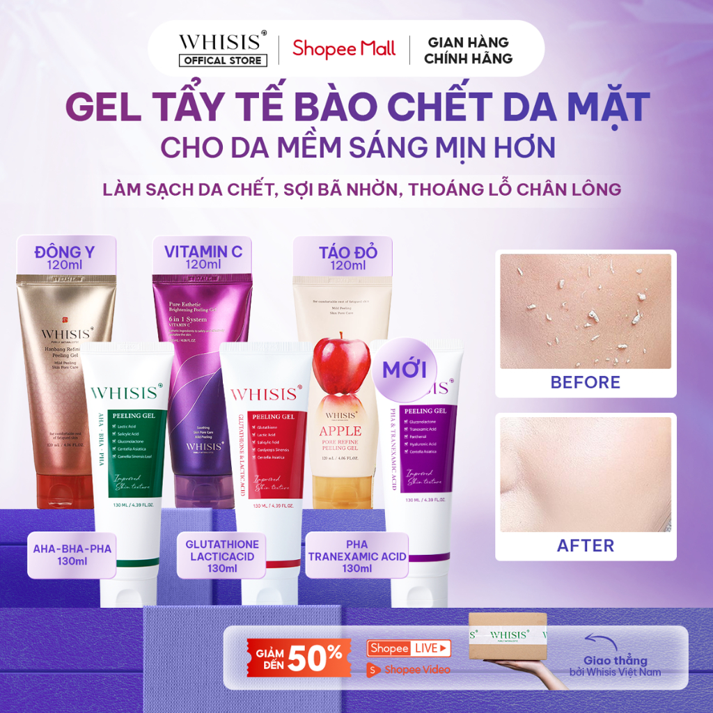 Gel Tẩy Tế Bào Chết Da Mặt Hàn Quốc WHISIS Peeling Gel Giúp Trắng Da Mờ Thâm Mụn Se Khít Lỗ Chân Lông 120ml/130ML
