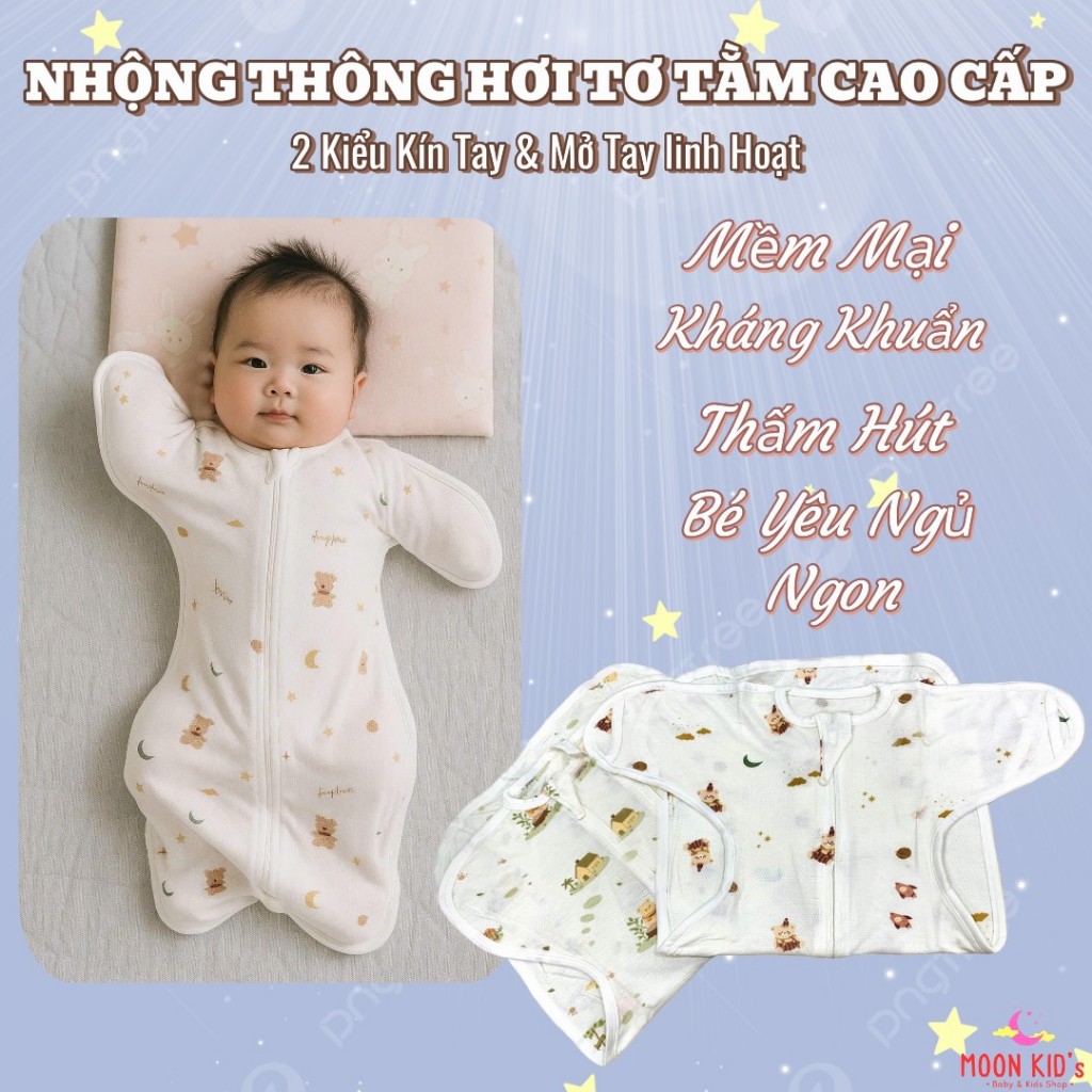 Nhộng Chũn Thông Hơi Moon Kid's Cho Bé 3-11kg, Chống Giật Mình, An Toàn & Mềm Mại, Kín Tay & Mở Tay