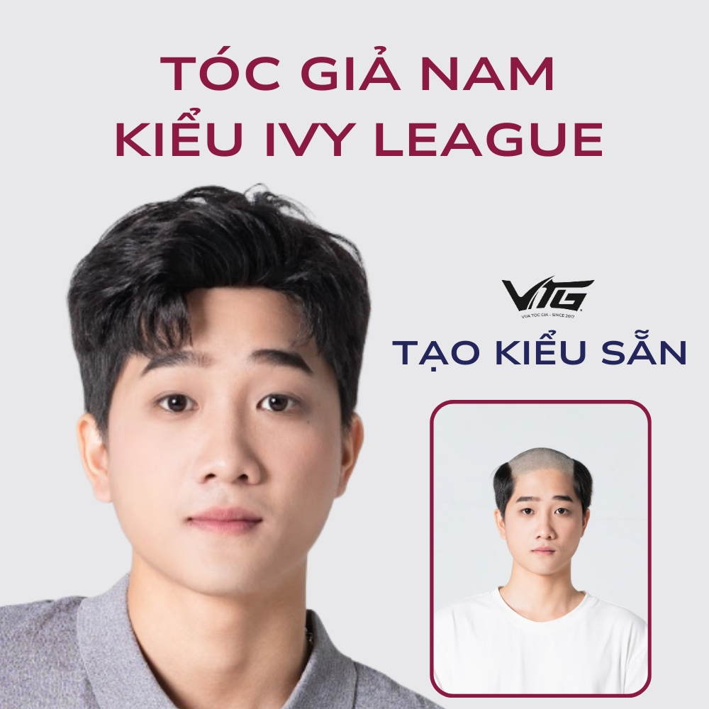Tóc giả nam  kiểu IVY LEAGUE màu đen, che hói, che trán cao, kiểu tóc trẻ trung - Vua Tóc Giả VTG
