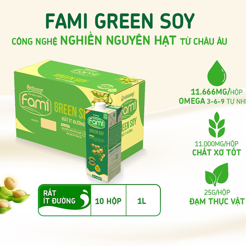 Thùng Vinasoy Fami Green soy rất ít đường hộp (10 hộp x 1 Lít)