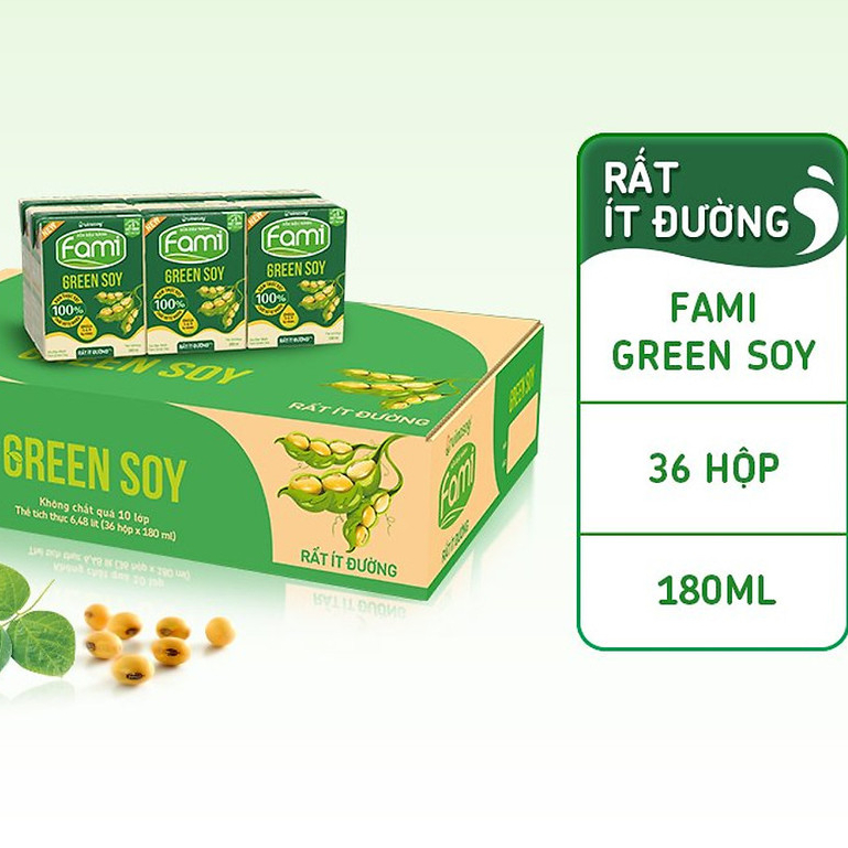 Thùng sữa đậu nành Vinasoy Fami Green soy rất ít đường (**) (36 hộp x 180ml)