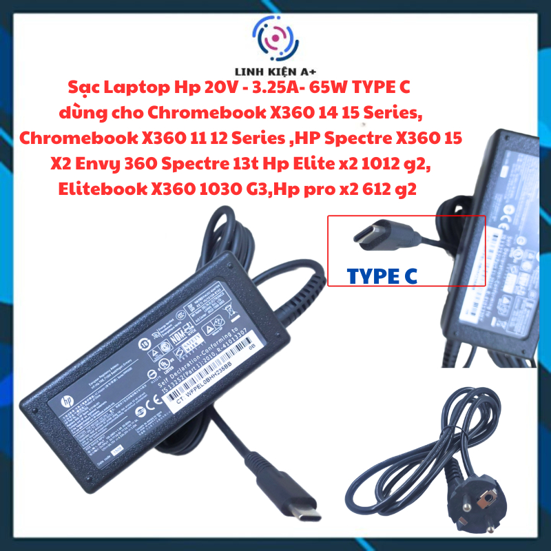 Sạc Laptop Hp 65W TYPE C dùng cho Chromebook X360 14 15 Series,Envy 360 Spectre 13t Hp Elite x2 1012