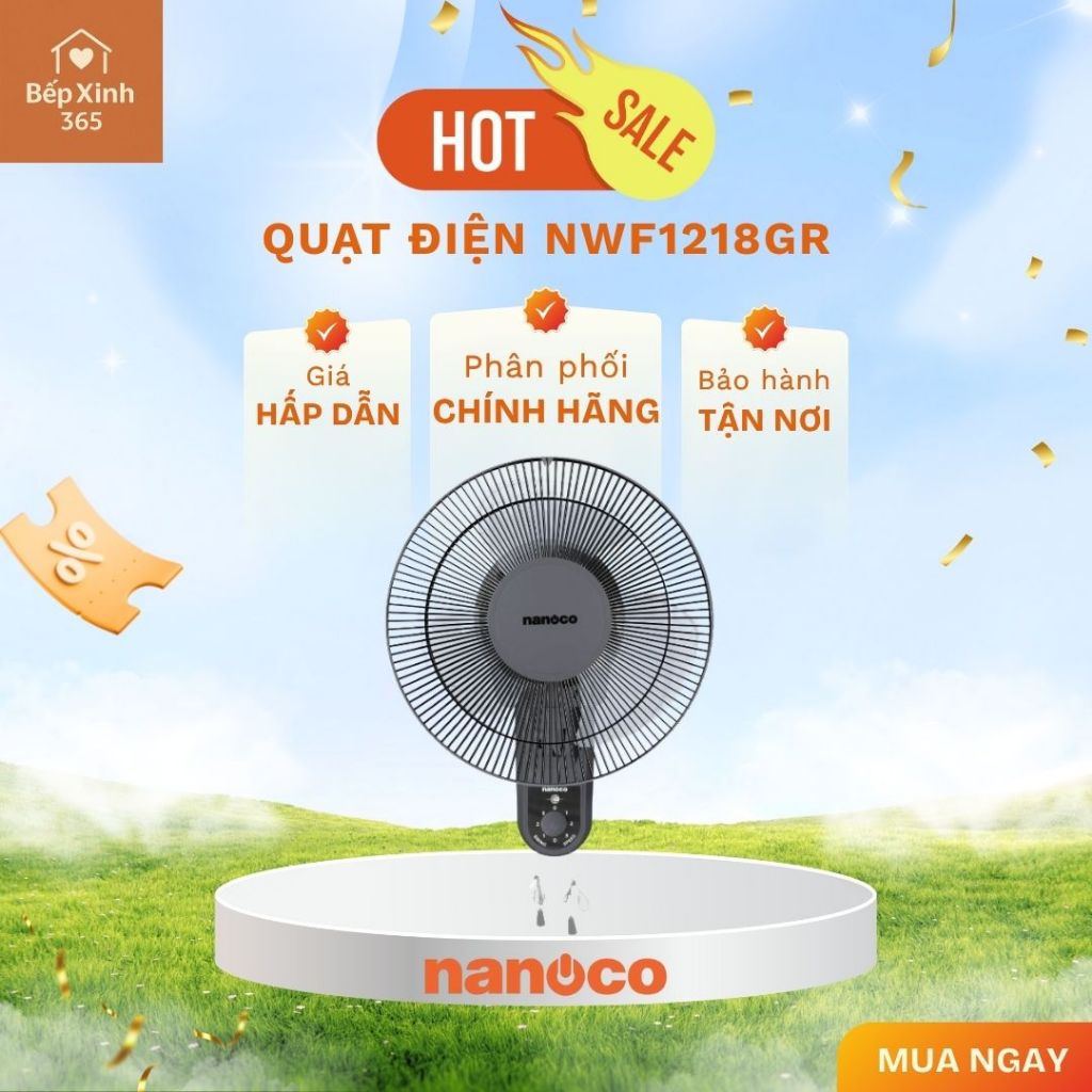 Quạt Treo Tường Nanoco NWF1218GR – Gió Mạnh 30W, Motor Dây Đồng, Thiết Kế Tiết Kiệm Diện Tích