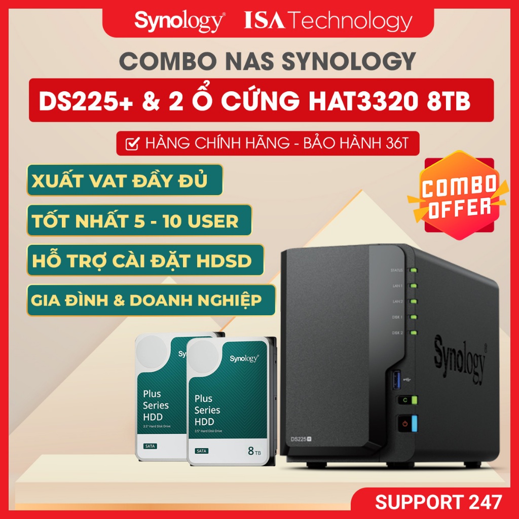 [COMBO] NAS Synology DS225+ kèm 2 ổ cứng HAT 3320 8T Thiết bị lưu trữ mạng 2 bay ổ cứng chính hãng