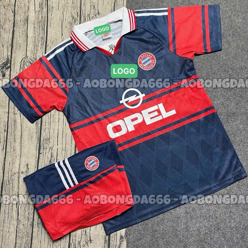 Bộ quần áo bóng đá FC Bayern Munchen Opel 1997 1999 màu xanh than đỏ - Vải Polyester Thái Gai Lưới,.