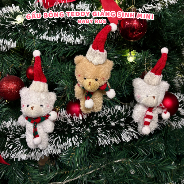 Gấu bông Teddy Mini Giáng Sinh đội mũ len, đeo khăn quàng cổ. Quà tặng noel ý nghĩa Baby Ros
