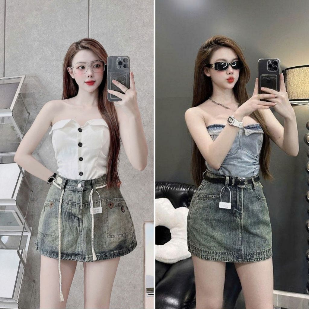 Chân váy chữ a ELWYN váy jean nữ thêu nhiều màu loang, đen ánh rêu size S M L SPG9