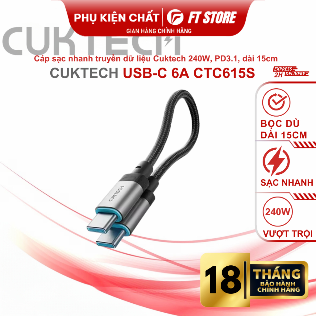 Cáp sạc nhanh truyền dữ liệu Cuktech CTC615S - USB-C 6A max 240W 15cm bọc dù chắc chắn, BH 18 tháng