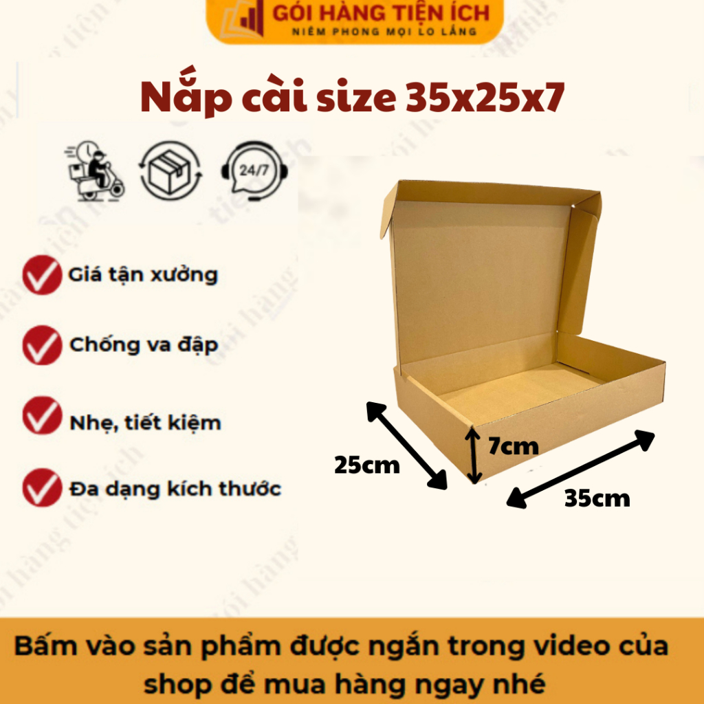 10 hộp carton nắp cài 35x25x7 đóng hàng, gói quà, đựng quần áo giá gốc tận xưởng