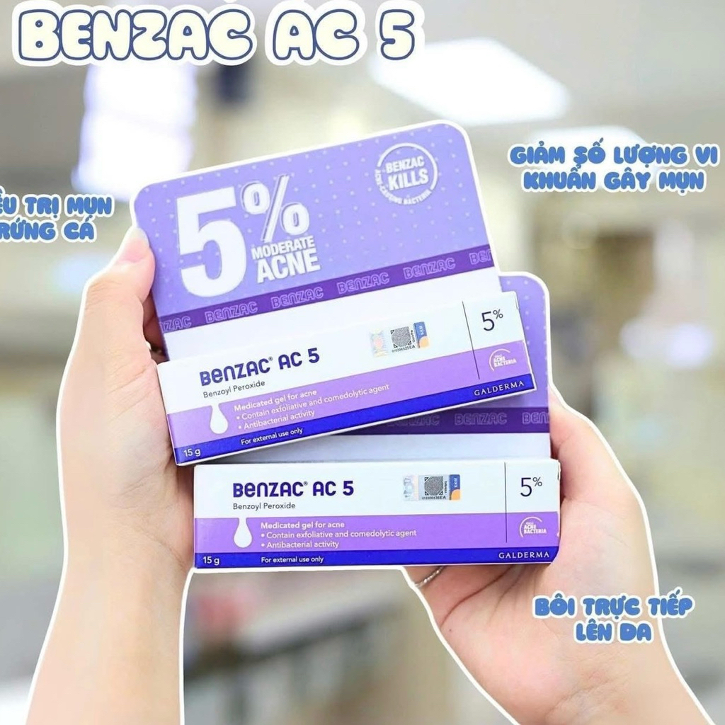 Kem mụn - Benzac AC 5 5%  - 15g  ,  làm giảm mụn ẩn, mụn bọc, mụn đầu đen, mờ thâm sẹo
