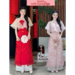   Ảnh Shop Chụp  Áo Dài Cách Tân cổ yếm Du Yên 2 màu Hồng&Đỏ mặc tết 2026 Shop Thời Trang Đẹp 