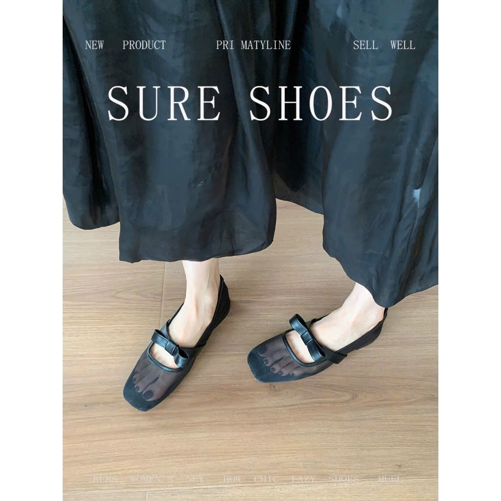 Giày Búp Bê NCSHOES Mũi Vuông Lưới Mỏng Gắn Nơ Tiểu Thư  hot 2025- C430