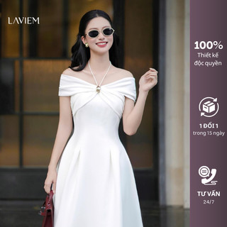 LAVIEM - Váy thiết kế dáng xòe dài trắng đen thiết kế trễ vai - Findy Dress