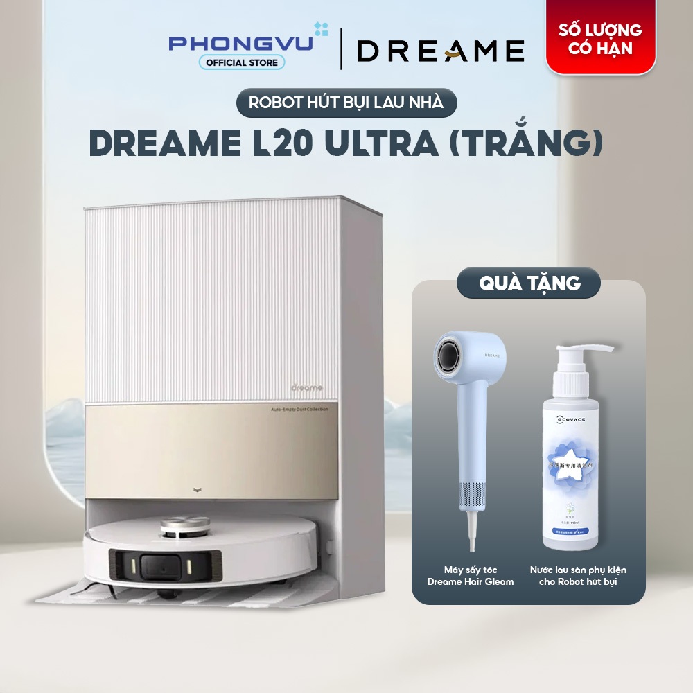 Robot hút bụi lau nhà Dreame L20 Ultra (Trắng) - Lực hút 7000Pa, Đế tự động đổ rác & giặt khăn - Bảo