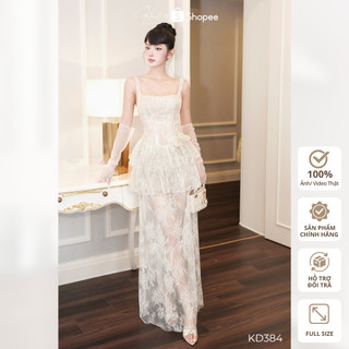  Đầm tiệc ren kim sa lấp lánh Khiết thiết kế form corset dài phối tùng xếp tầng & hoa 3D đính eo sang trọng KD384 