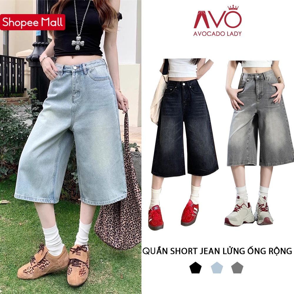 Quần Short Jeans Bò Ngố Dáng Lửng Ống Rộng Avo Avocado