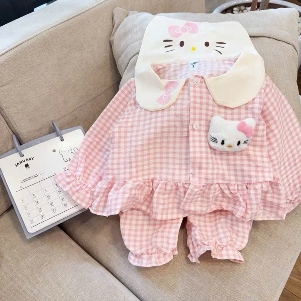 Đồ bộ bé gái, Pijama cho bé gái, Set pijama Hello Kitty kẻ caro phối bèo phong cách tiểu thư cho bé 