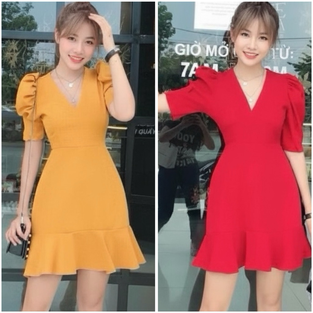 Đầm đuôi cá tay bồng 2 màu phong cách hàn quốc cá tính (kèm hình thật)