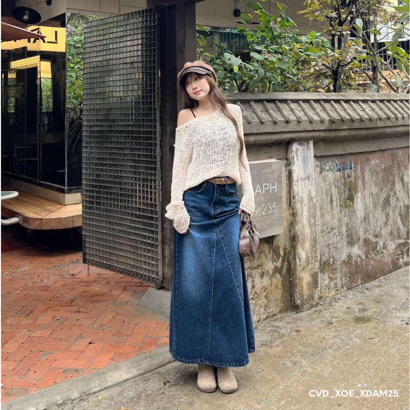 Chân váy jeans bò nữ dáng xòe dài cạp lưng cao chất không co giãn phong cách Hàn Quốc Meisy | BigBuy360 - bigbuy360.vn