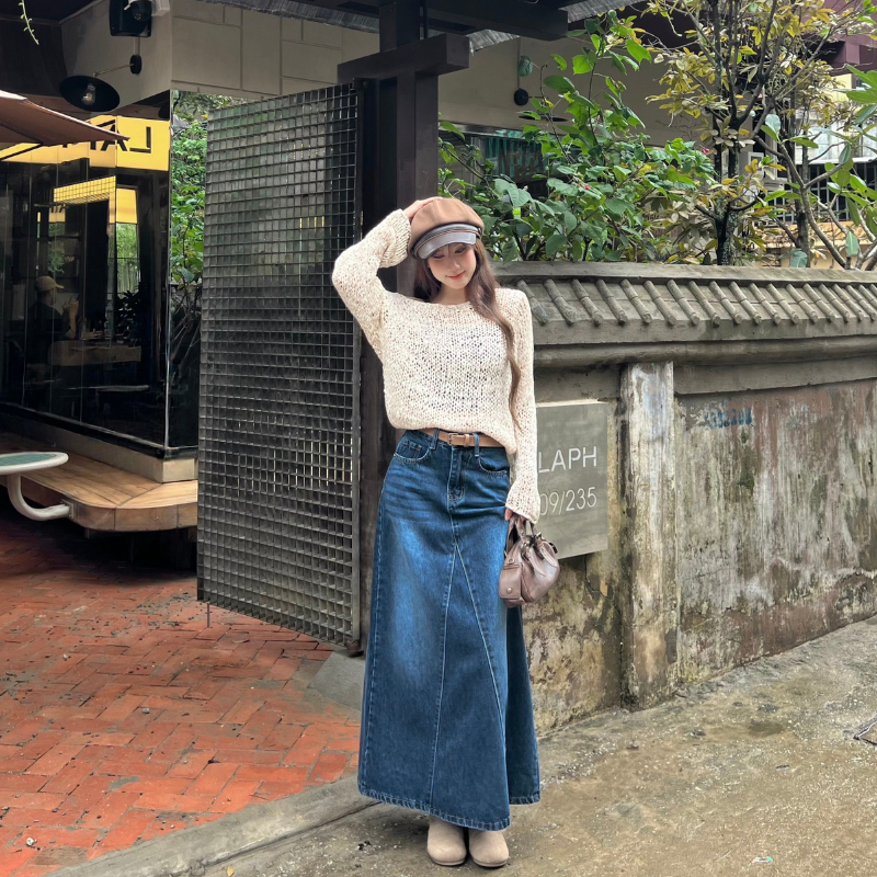 Chân váy jeans bò nữ dáng xòe dài cạp lưng cao chất không co giãn phong cách Hàn Quốc Meisy | BigBuy360 - bigbuy360.vn