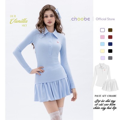 [ MỞ BÁN ] Set đồ nữ Polie Choobe pickleball áo phông cổ polo dài tay kèm chân váy vải cotton dẻo co giãn A152 + CV56