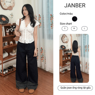   JANBER - DEAL MỞ BÁN  Quần Jean Nữ Ống Suông Rộng Lật Gấu Lưng Cao Màu Xanh Than Lên Dáng Đẹp 