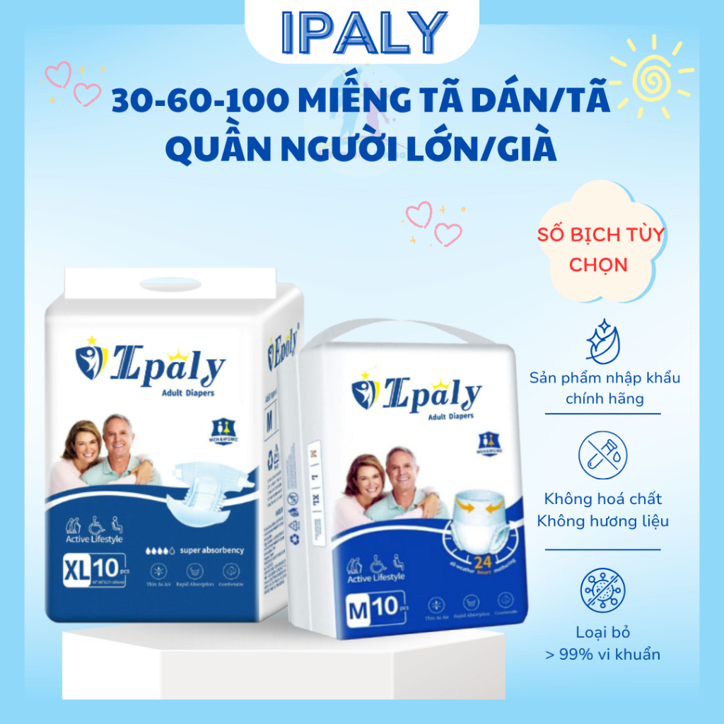 Bỉm quần/dán người già/lớn IPALY chất lượng giá tốt combo 30-60-100 miếng M-L-XL, số lượng tùy chọn.