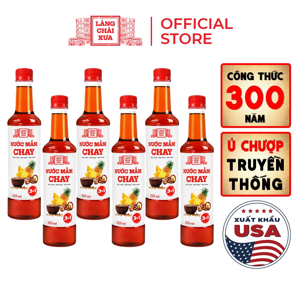 [TẶNG 1 NƯỚC TƯƠNG 125ML] Thùng 6 chai nước mắm CHAY 3 trong 1 Làng Chài Xưa 525ml trái thơm nấm ngọt đậu nành