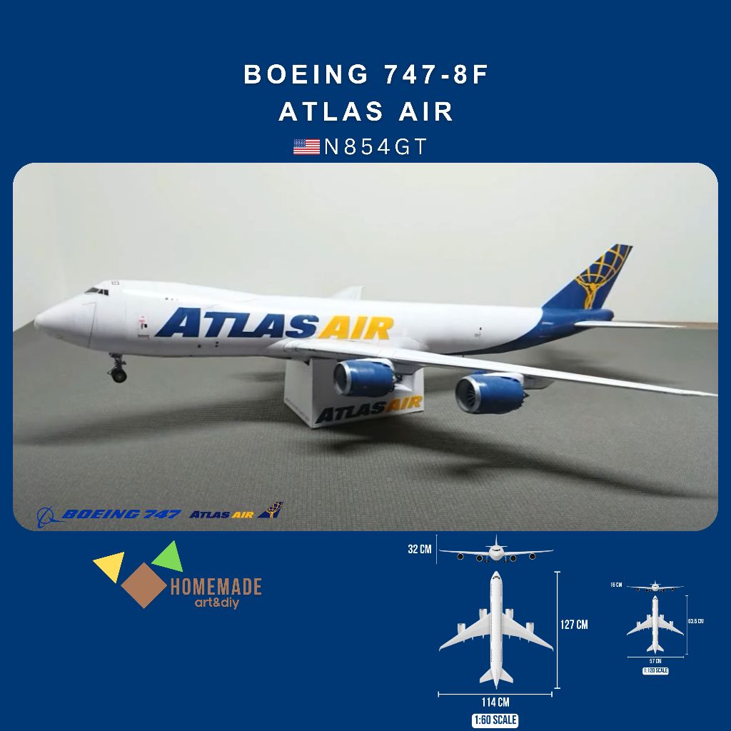 Mô Hình Giấy Máy Bay Thương Mại Boeing 747-8F Atlas Air