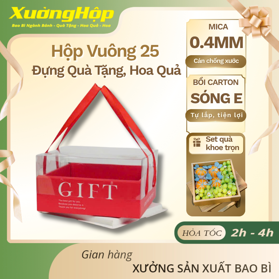 Hộp Vuông 25cm Nắp Mica Trong Suốt - Giấy Cao Cấp, Chống Xước, Kèm Dây Lụa Satin - Xưởng Hộp - Đựng Hoa Quả, Quà Tặng