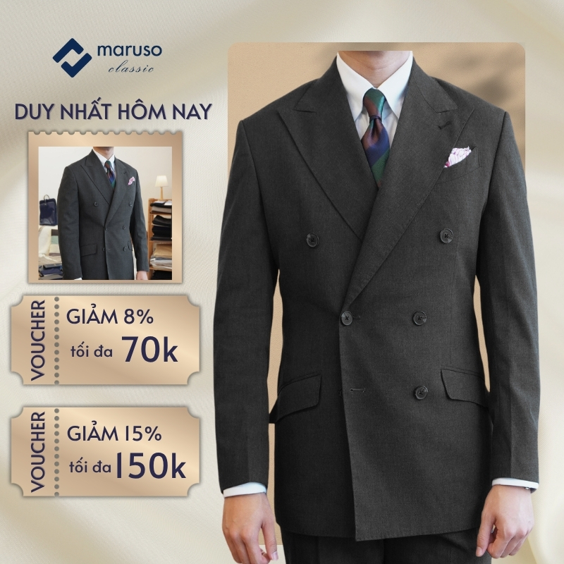 Maruso Áo Suit Nam MARUSO CLASSIC Màu DARK GREY Ghi Sẫm 2 Hàng Khuy Lót Lụa Pha Tinh Tế Chất Cotton