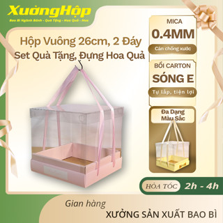  Hộp Vuông 26cm 2 Lớp Đáy - Nắp Mica Trong Suốt Kèm Dây xách - Đựng Hoa Quả Quà Tặng - Giá Xưởng 