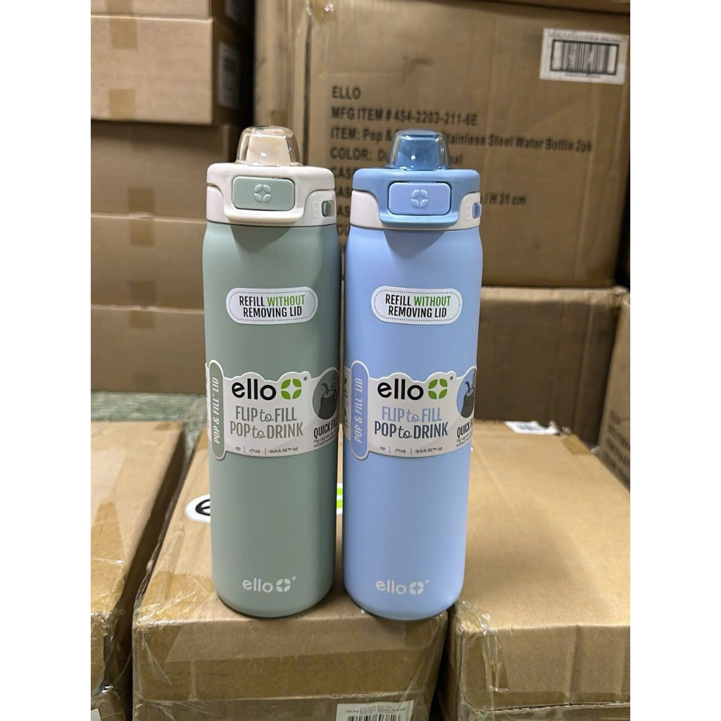 Set 2 Bình Nước Giữ Nhiệt Ello Flip - To - Fill 22OZ 651ml Của Mỹ.