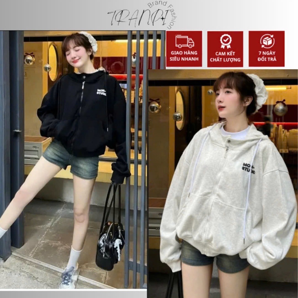 HOODIE ZIP , Áo khoác hoodie zip BOXY MON STUDIO có nút bấm, dập nổi, in nổi ,UNISEX NAM NỮ 2025