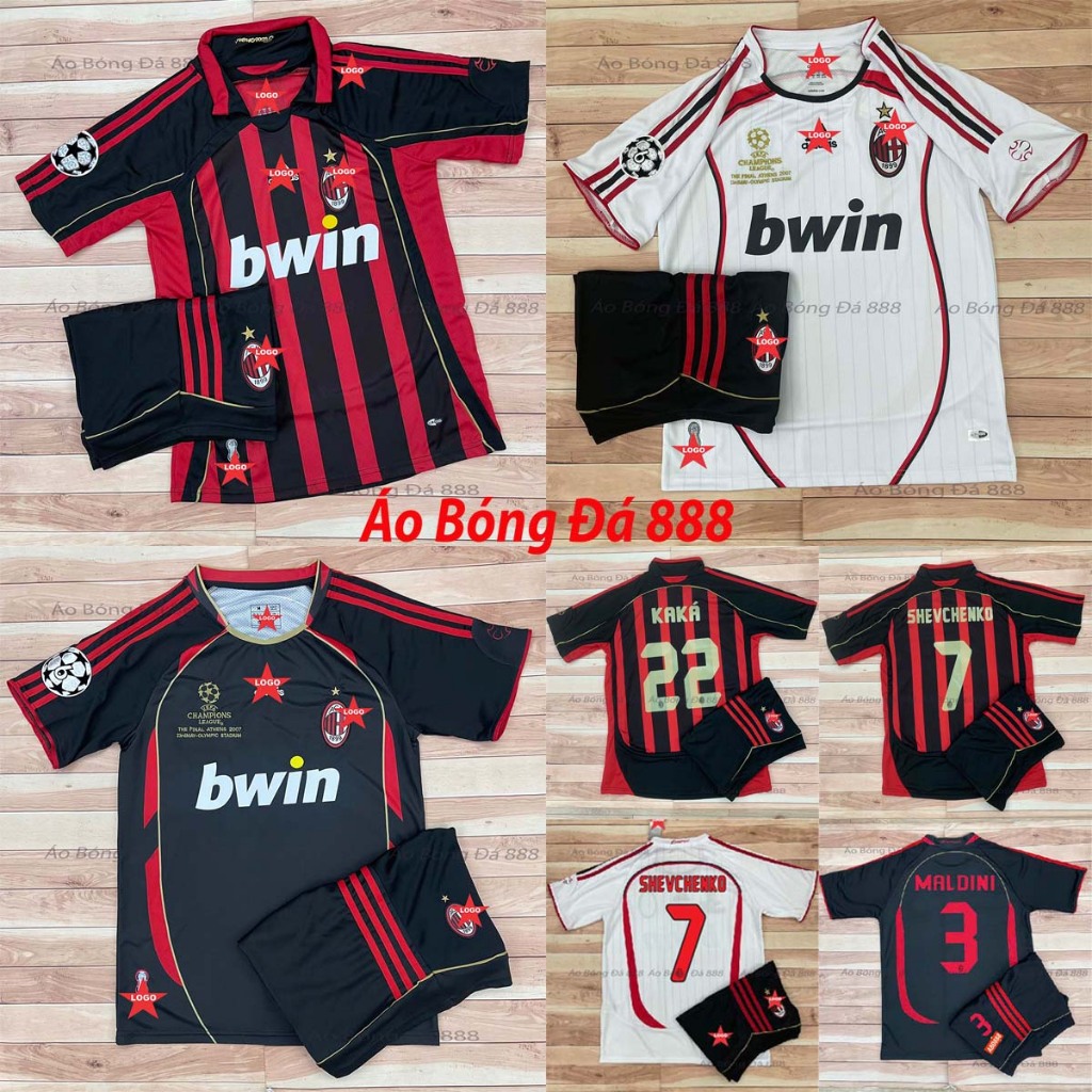 Bộ Quần Áo Bóng Đá CLB AC Milan 2007, Áo Đá Banh Retro AC Milan - Vải Polyester Gai Thái Cao Cấp