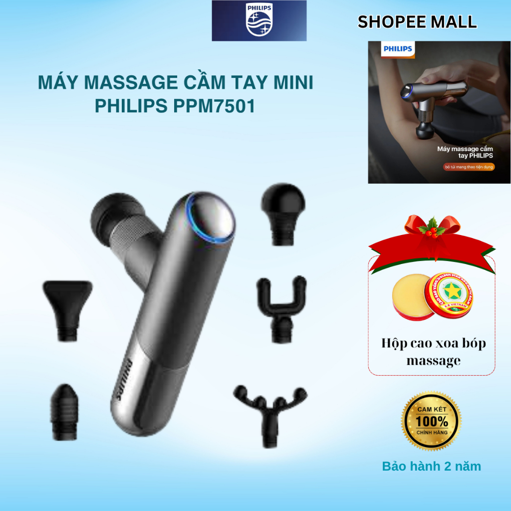 Máy Massage Cầm Tay Mini PHILIPS PPM7501-6 đầu massage chuyên dụng, lực đấm mạnh 8mm_BẢO HÀNH 12 THÁNG