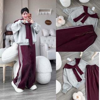  Set Bộ Nỉ Kèm Khăn Đỏ  Nữ. Bộ Đồ Form Rộng Phong Cách Hàn Quốc 
