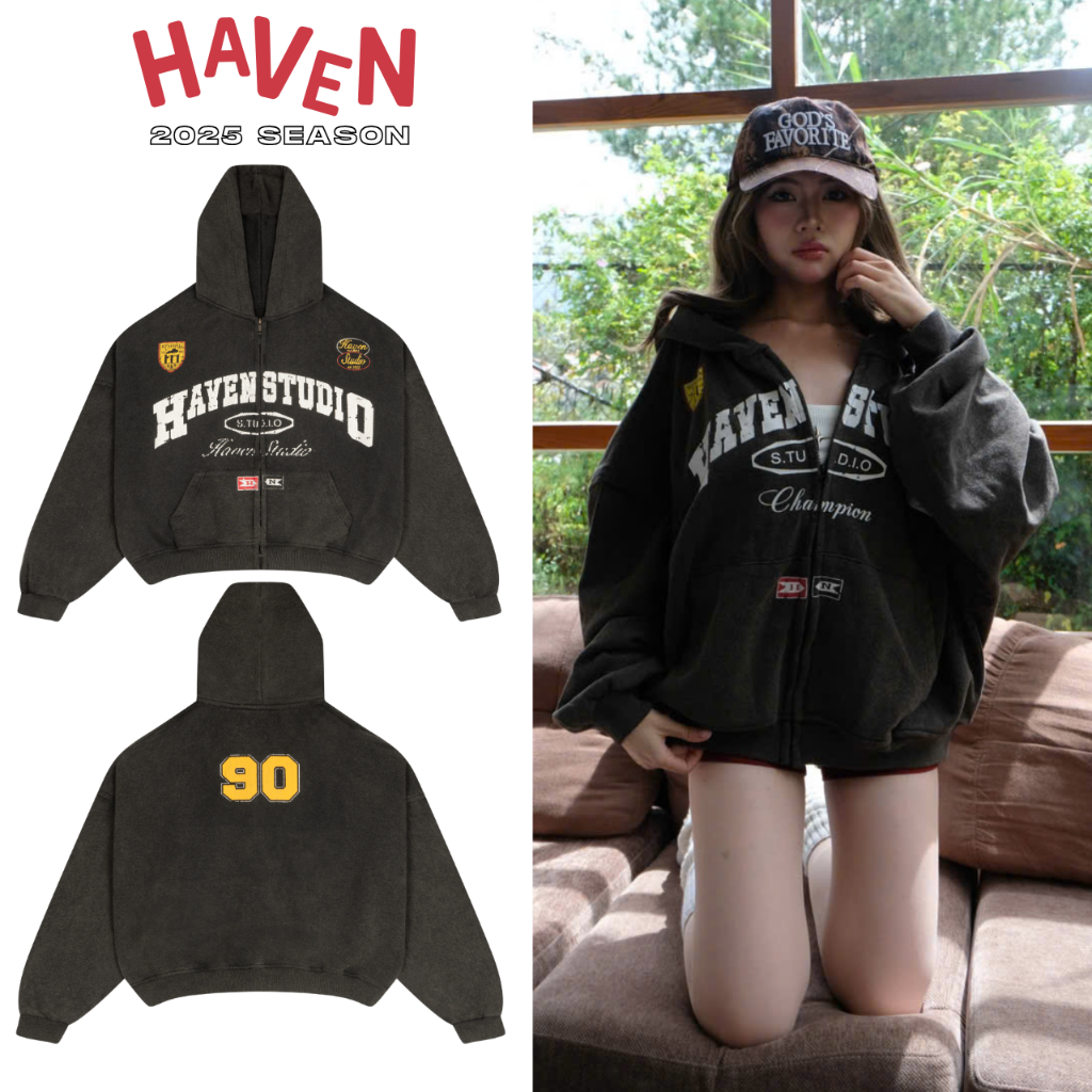 Áo Khoác Hoodie Wash Haven Studio nam nữ form boxy chất nỉ cua màu đen và xanh than | BigBuy360 - bigbuy360.vn